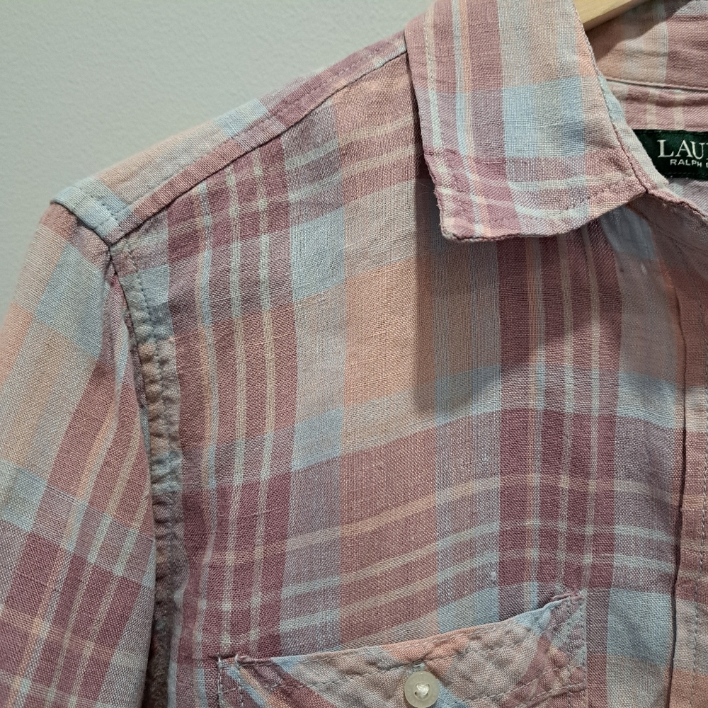 LRL Pastel Plaid Linen Button-Up Classic Coastal Cottage Preppy Shirt Womens M - Picture 5 of 14